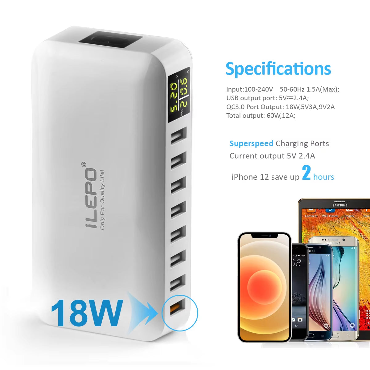 60W 8 Port USB Fast Charger QC3.0 HUB Smart Quick Charge LED Display Multi USB Charging Station Mobile Phone Desktop Home
